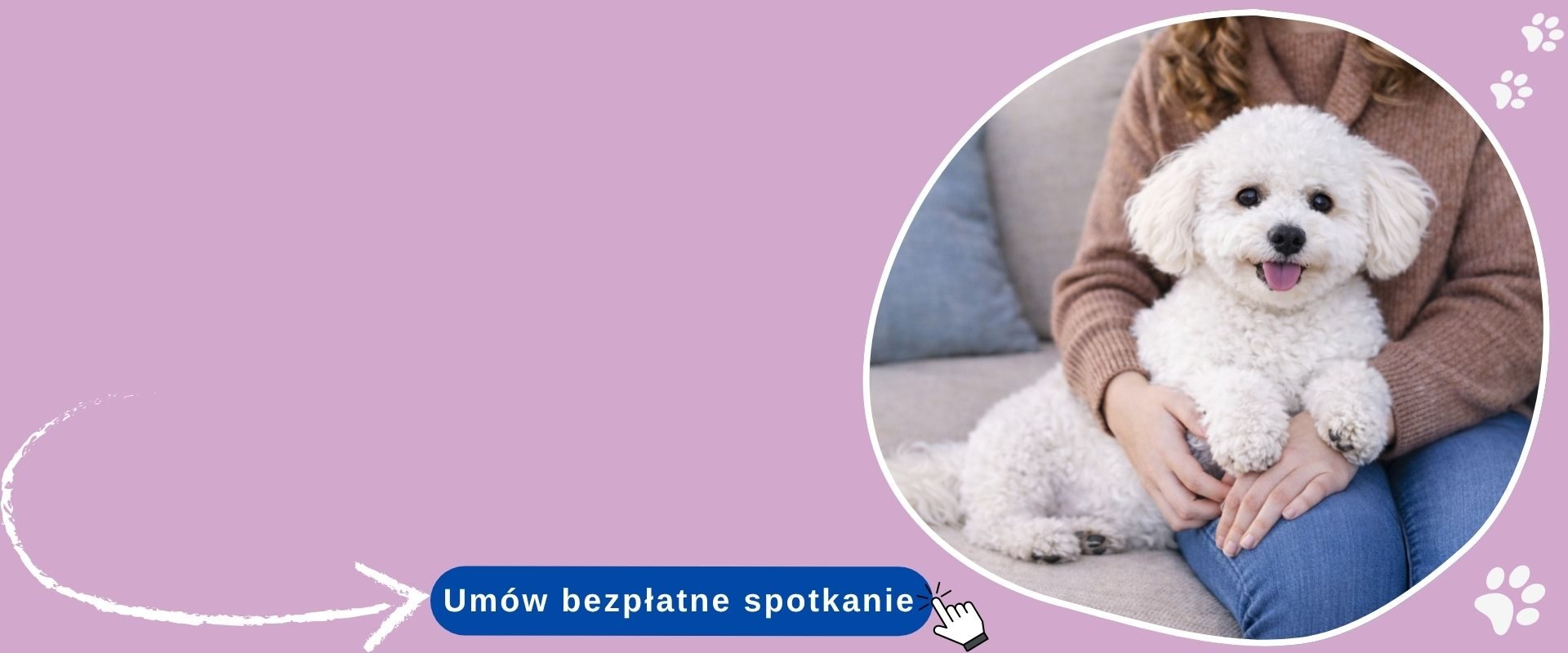 Pies siedzący na kolanach opiekunki w spokojnej sytuacji